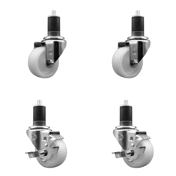 3'' Nylon Wheel Swivel 1-5/8'' Expanding Stem Caster Set 2 Brakes, 4PK